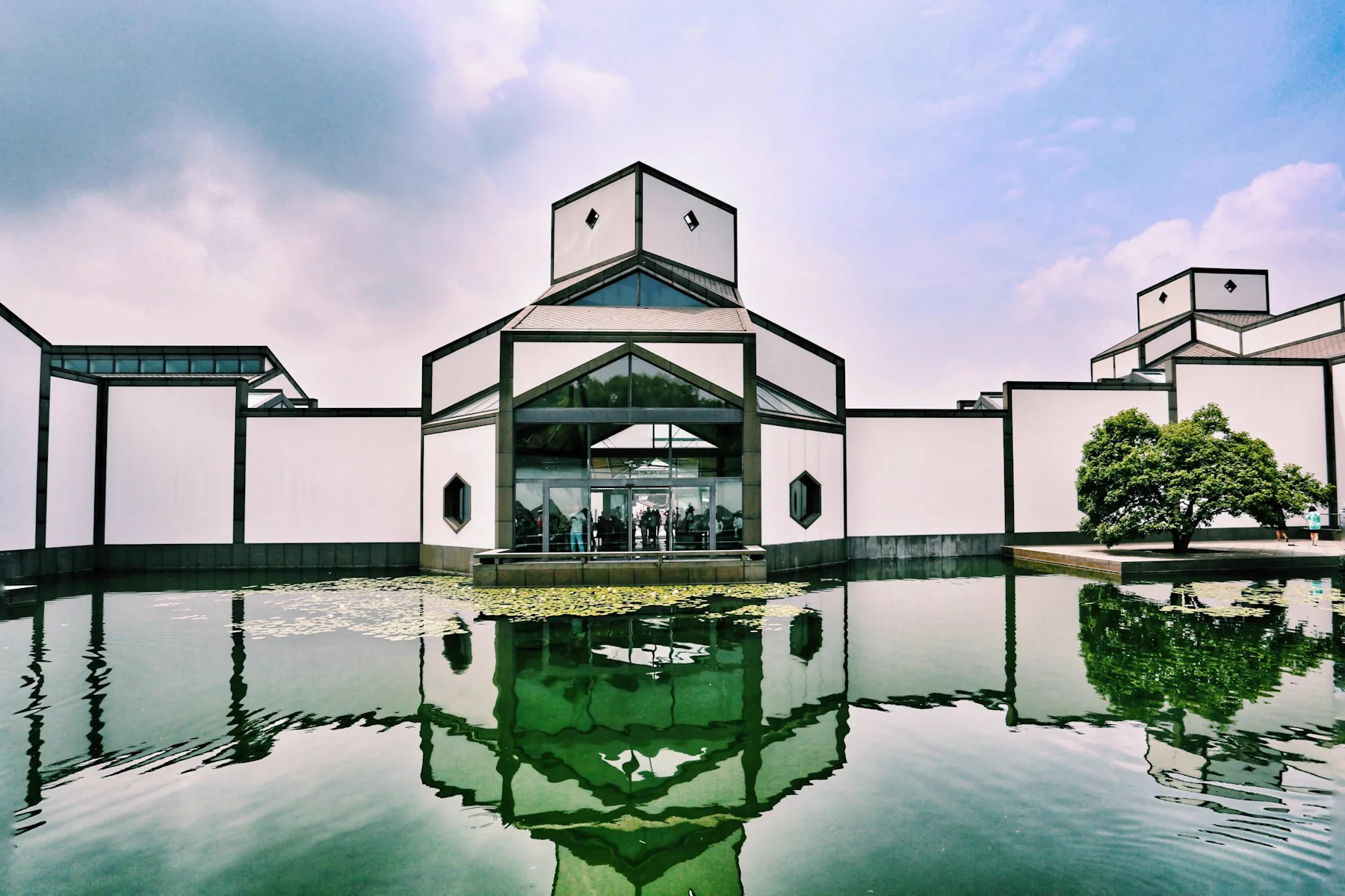 The geometric entrance and reflecting pool of Suzhou Museum